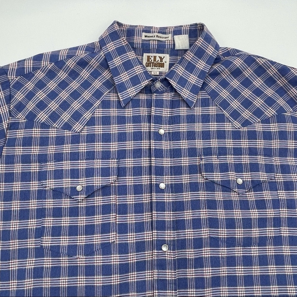Vintage Western Shirt Ely Cattleman Blue Plaid Pearl Snap Casual Size XL Men